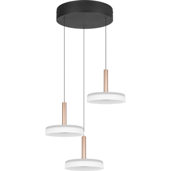 Trio Celeste 354930365 hanglamp met zwarte ronde plafondplaat met liftfunctie en met drie witte kappen met koffiebruine details
