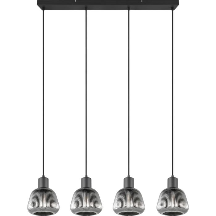 Trio Tarifa 362800432 hanglamp met zwarte plafondbalk en vier pendels met een verchroomd ribbelglazen kap