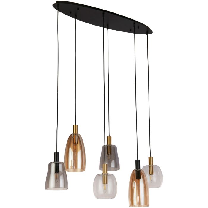 Searchlight Divine 36463-6BK hanglamp met zwarte ovale plafondplaat met zes pendels met kappen van helder, amber een rookglas in verschillende vormen