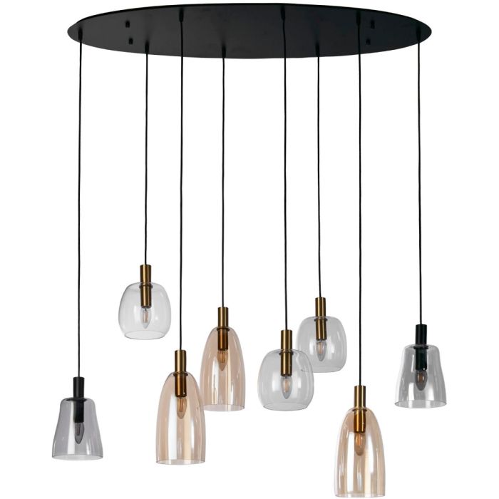 Searchlight Divine 36463-8BK hanglamp met ovale zwarte plafondplaat en acht pendels met helder, amber een rookglazen kappen in verschillende vormen