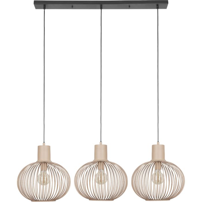 Trio Gila 365700366 zandkleurige hanglamp met zwarte plafondbalk en drie kappen van metalen latjes