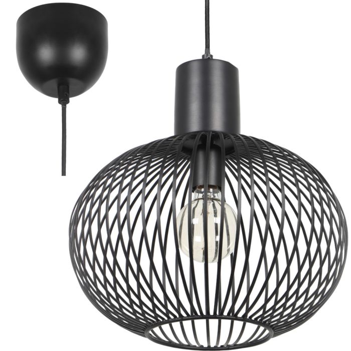 Trio Gila 365790132 zwarte hanglamp met zwarte plafondkap en bolvormige kap van metalen latjes