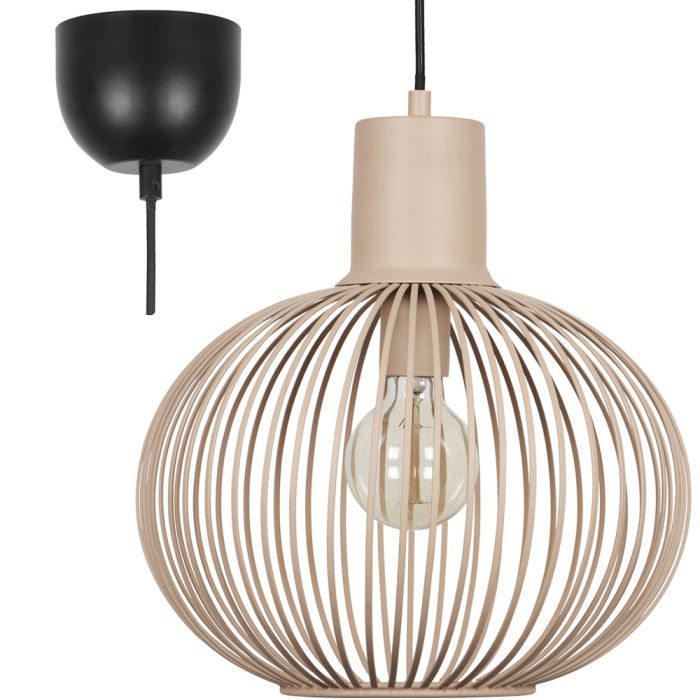 Trio Gila 365790166 zandkleurige hanglamp met zwarte plafondkap en bolvormige kap van metalen latjes