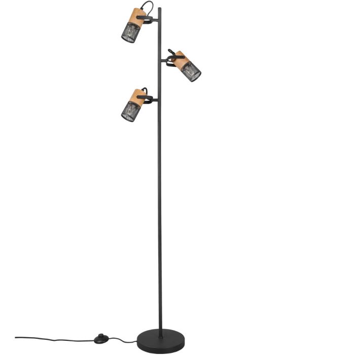 Trio Tosh 404300332 zwarte vloerlamp met drie cilindervormige spots met een houten achterzijde en zwart gaas voor