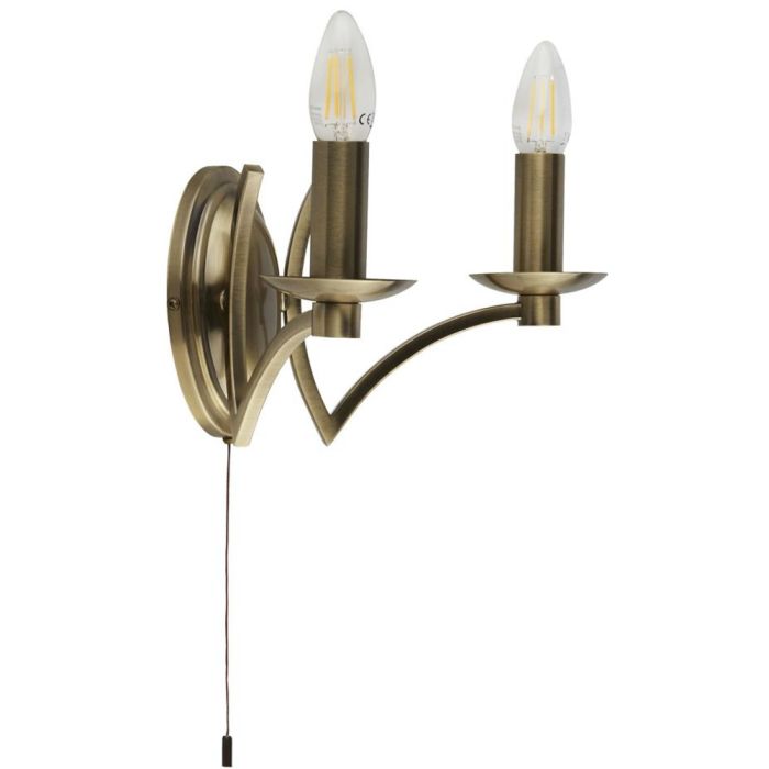 Searchlight Ascot 41312-2AB antiek bronzen wandlamp met trekschakelaar en twee armen met kaarslampen