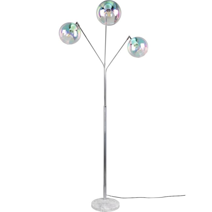 Trio Paxton 416900306 chromen vloerlamp met drie armen met elk een bolvormig iriserend glazen kap