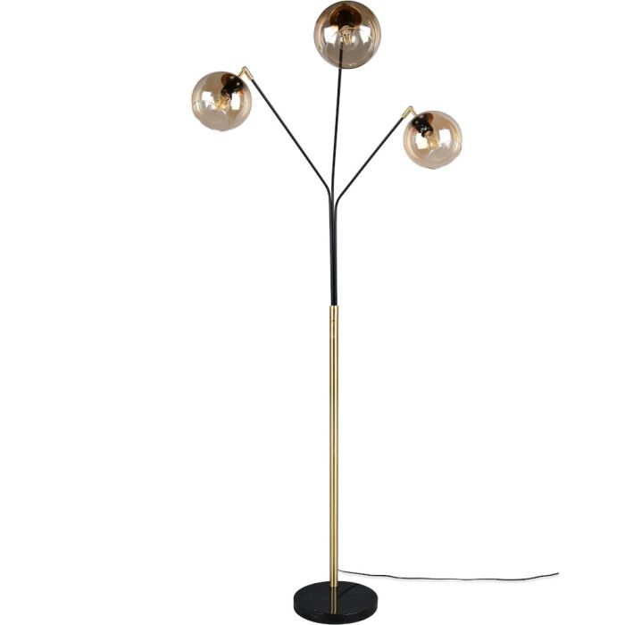 Trio Paxton 416900380 zwart met goudkleurige vloerlamp met drie armen met elk een bolvormig amber glazen kap