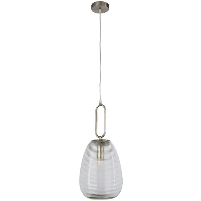Hanglamp Elixer 43581-1SN staalkleurige hanglamp met kap van horizontaal geribbeld glas