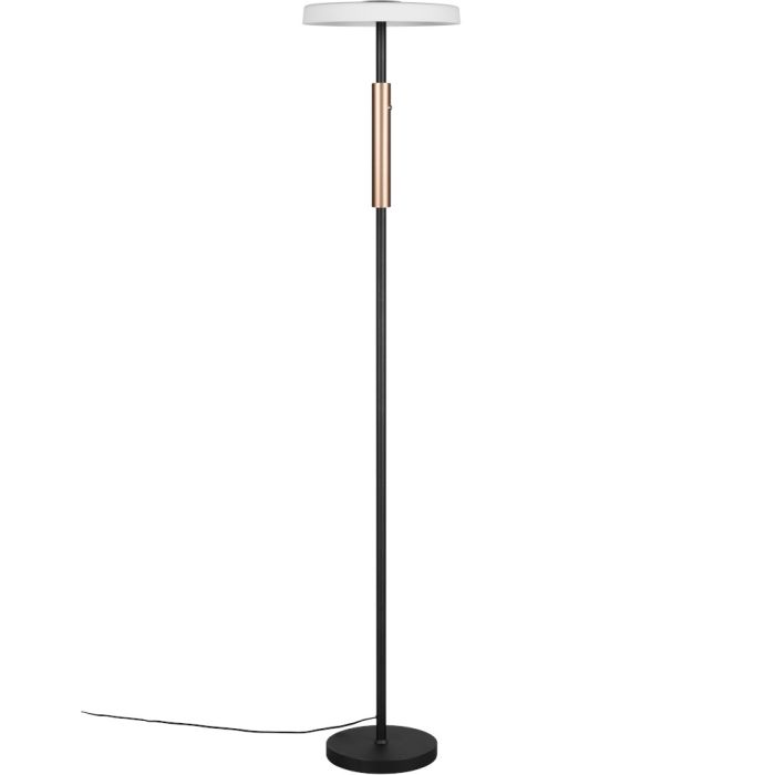 Trio Celeste 454910165 zwarte vloerlamp met wit glazen schijfvormige kap en koffiebruin deel aan de paal met een touchdimmer