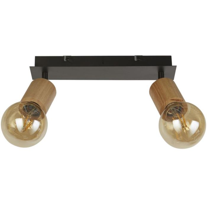 Searchlight Spinny 50211-2NA spot met zwarte plafondplaat en met twee houten fittingen met globelampen