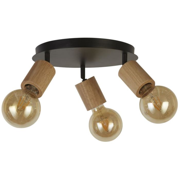Searchlight Spinny 50211-3NA spot met zwarte ronde plafondplaat en drie houten fittingen met globelampen
