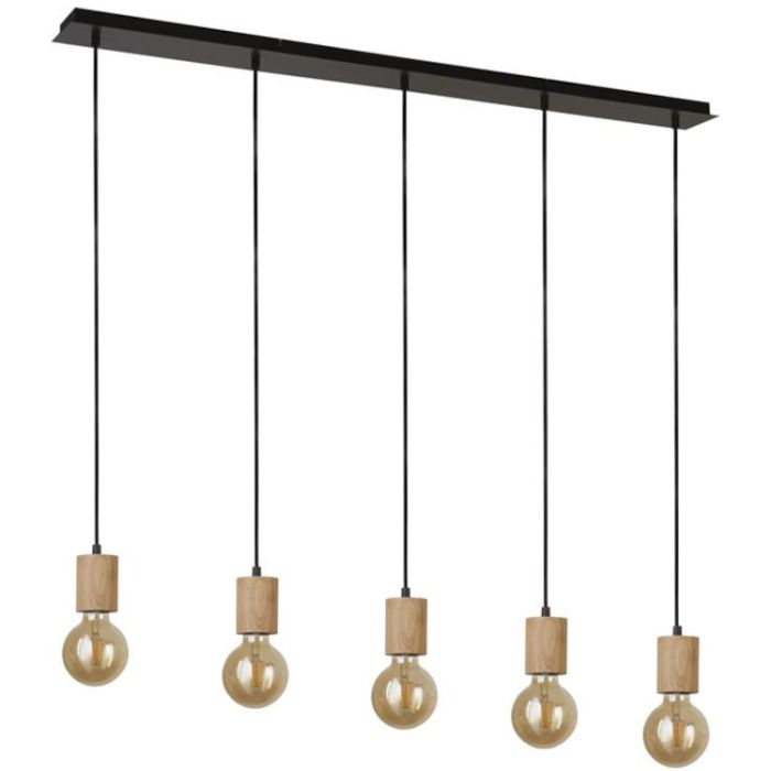Searchlight Spinny 50212-5NA hanglamp met zwarte plafondbalk en vijf pendels met houten lamphouder en globelamp