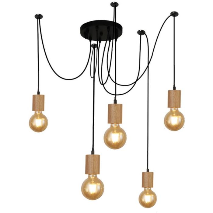 Searchlight Spinny 50213-5NA hanglamp met ronde zwarte plafondplaat en vijf pendels met elk een plafondbevestiging en een houten lamphouder met globelamp
