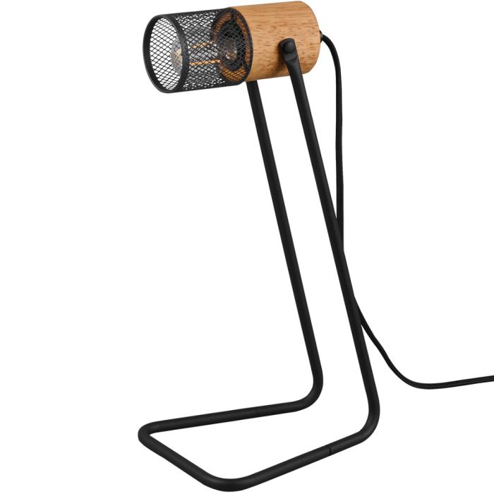Trio Tosh 504300132 tafellamp met zwarte beugel als voet en spot met houten achterkant en zwart gaas van voren