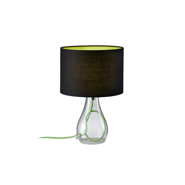 Trio Colorit 508500102 tafellamp met transparant glazen voet met zichtbaar groen strijkijzersnoer en zwarte kap van textiel met groene binnenzijde