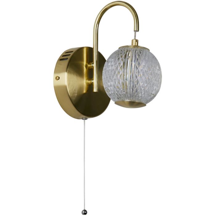 Searchlight Allure 51481SB messing wandlamp met trekschakelaar, metalen boog en hangende acryl bol