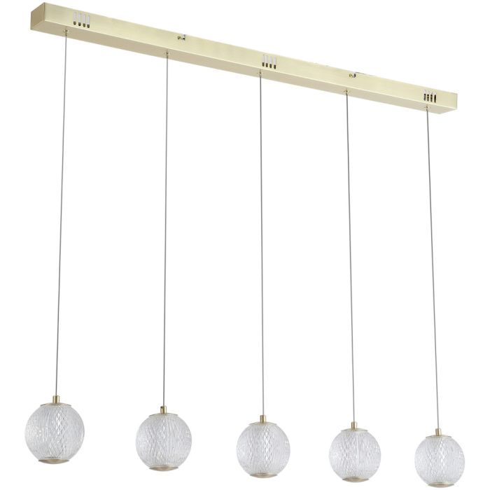 Searchlight Allure 51485-5SB hanglamp met messing plafondbalk en vijf pendels met acryl bollen met geïntegreerde LED