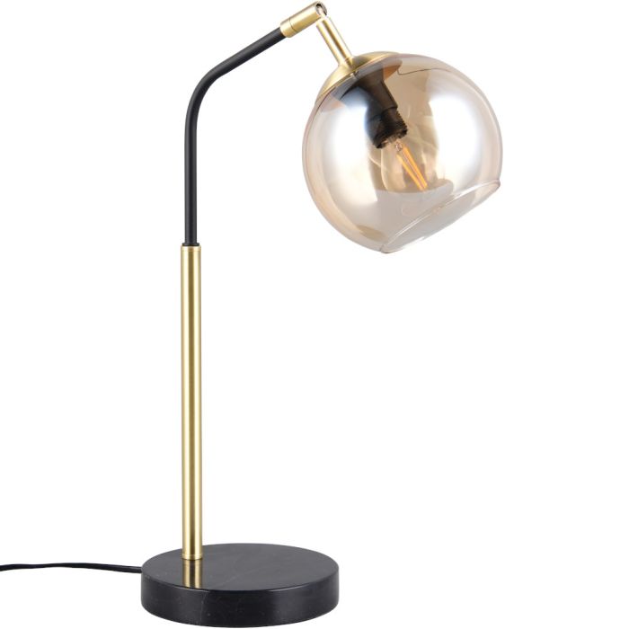 Trio Paxton 516900180 zwart met goudkleurige tafellamp met bolvormig amber glazen kapje