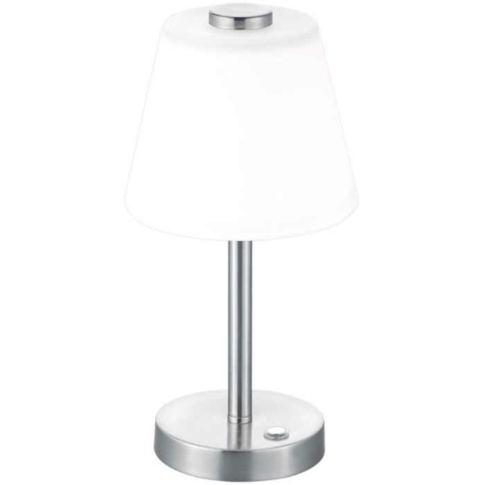 Trio Emerald 525490107 staal kleurig tafellampje met wit glazen kap en touch schakelaar