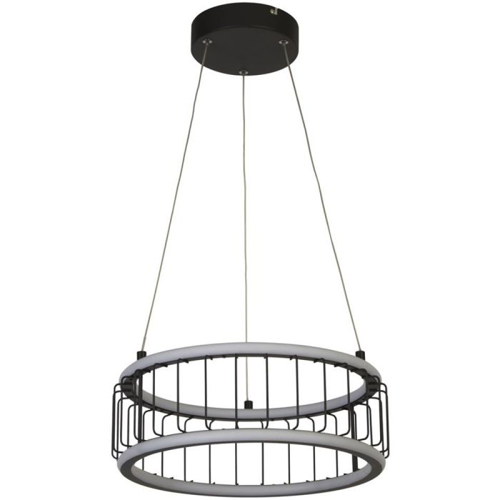 Searchlight Circolo 54213-1BK zwarte hanglamp met twee LED ringen en metaaldraad ertussen gespannen