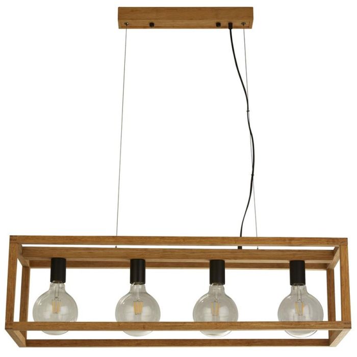 Searchlight Square 54741-4NA houten hanglamp met langwerpig rechthoekig frame met vier globelampen aan zwarte fittingen daarin
