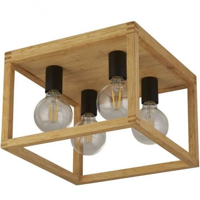 Searchlight Square 54742-4NA houten plafondlamp met vierkant frame en vier globelampen aan zwarte fittingen daarin