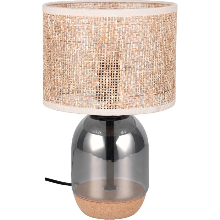 Trio Tara 564900157 tafellamp met verchroomd glazen voet met een bodem van kurk en een ronde kap van jute