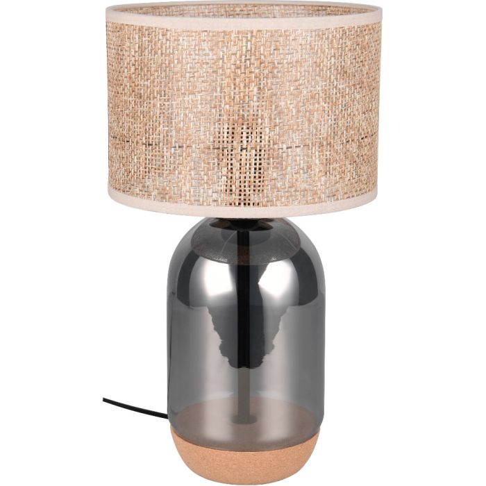 Trio Tara 564990157 43cm hoge tafellamp met verchroomd glazen voet met een bodem van kurk en een ronde kap van jute