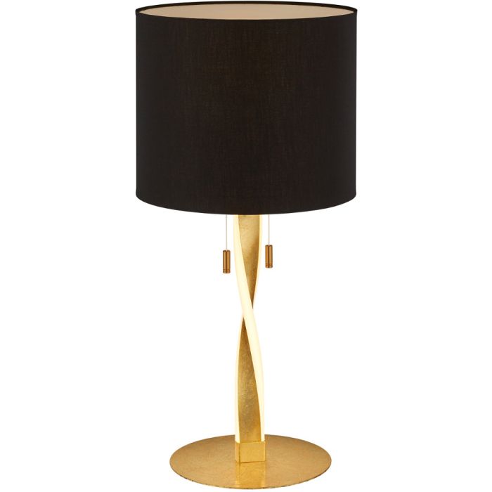 Trio Nandor 575310379 goudkleurige tafellamp met led in voet en kap van zwart textiel en twee trekschakelaars voor de led in de voet en de kap zelf