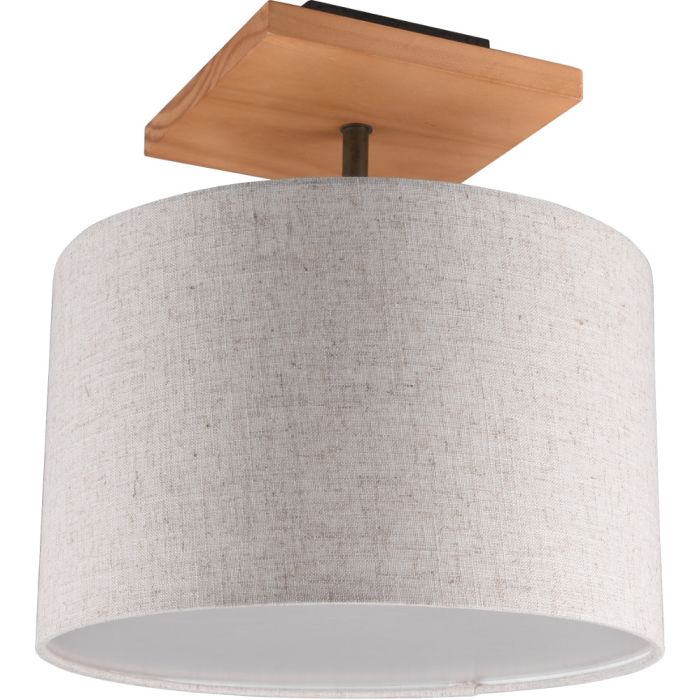 Trio Elmau 602100130 plafondlamp met vierkante houten plafondplaat en ronde kap van beige textiel