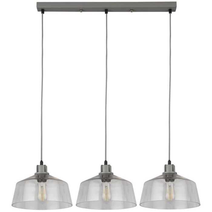 Searchlight Odeon 60999-3CL hanglamp met grijze plafondbalk en drie pendels met elk een kap van helder glas