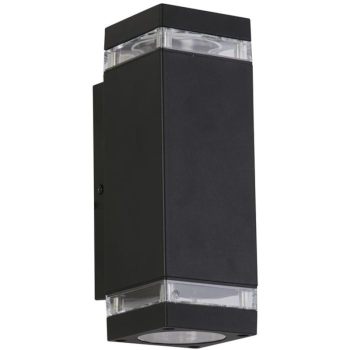 Searchlight Houston 61101BK zwarte rechthoekige buiten wandlamp met up en down licht en zijwaarts kunststof rand voor een zijwaarts lichteffect