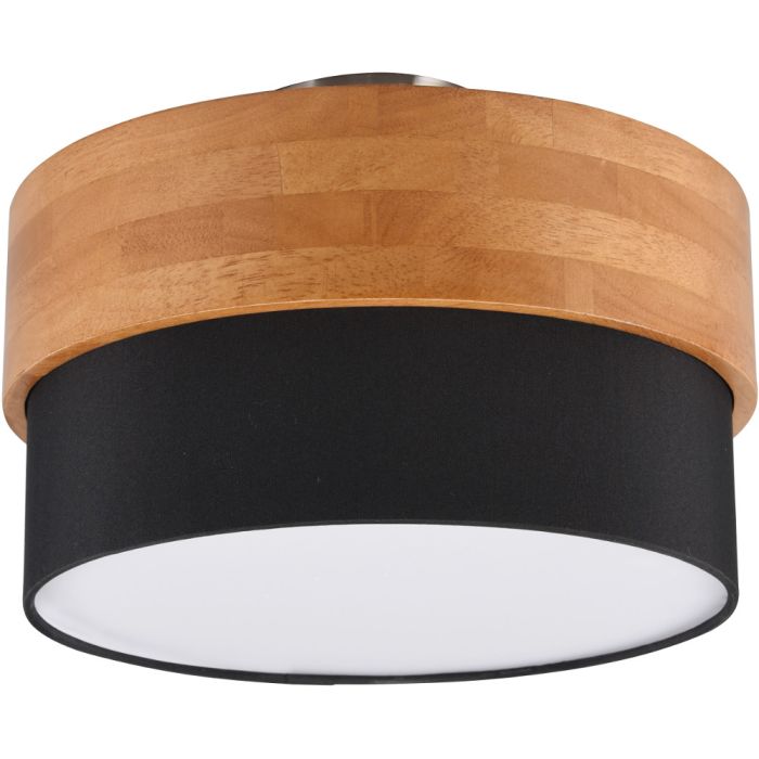 Trio Seasons 611500202 plafonniere met houten bovenzijde en onderzijde van zwart textiel en met een witte blender van textiel