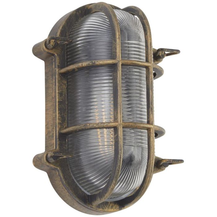 Searchlight Bulkhead 61402BG zwartgouden ovale buitenlamp met rooster over ribbelglas