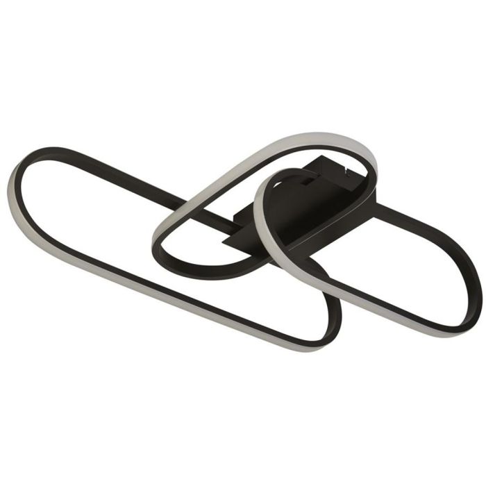 Searchlight Clip 61774BK zwarte plafondlamp van 65cm met drie ovale ringen in elkaar met LED strip aan de buitenzijde aan een rechthoekige plafondplaat