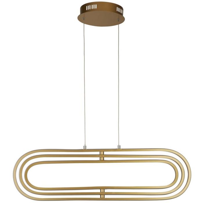 Searchlight Clip 61775GO goudkleurige hanglamp van 74,5cm met ronde plafondplaat en drie ovale ringen in drie afmetingen die in elkaar kunnen draaien met LED strip aan de buitenzijde