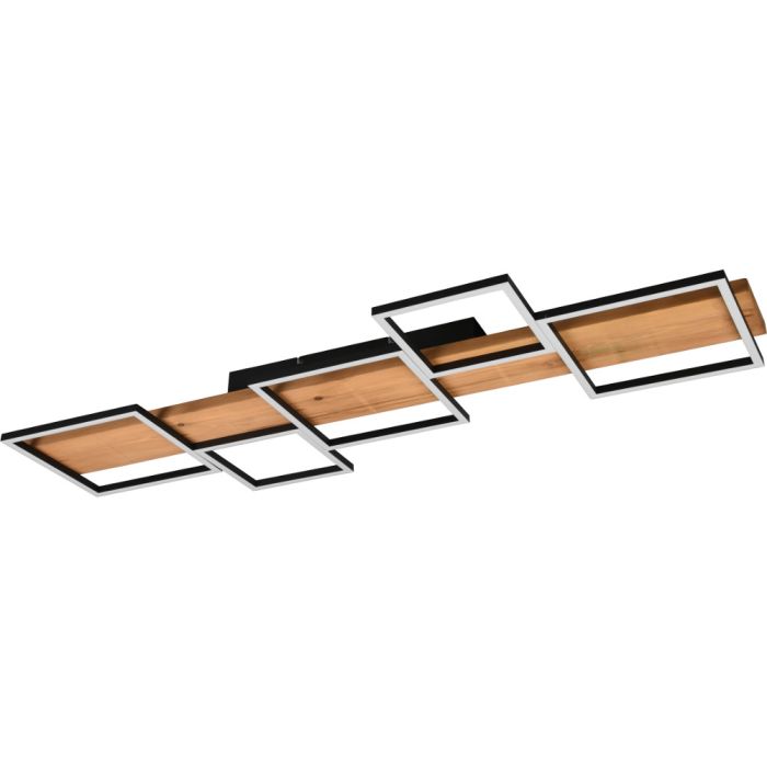 Trio Harper 622910532 grote plafondlamp met houten plank en vijf zwarte vierkanten met LED strips eronder