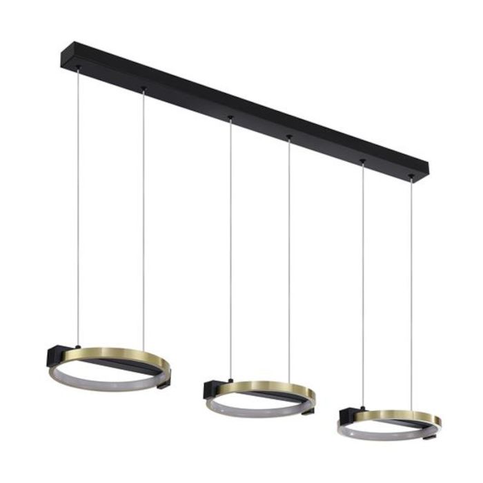 Searchlight Aerial 62330-3GO hanglamp van 106cm met zwarte plafondbalk en drie kappen van messing kleurige ringen met LED aan de binnenzijde