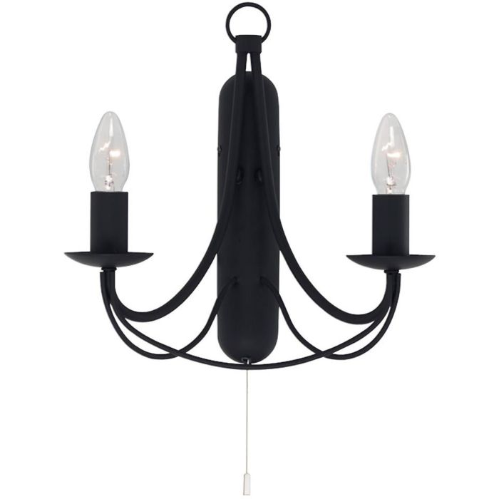 Searchlight Maypole 6342-2BK zwarte klassieke wandlamp met trekschakelaar en twee armen met elk een kaarslamp
