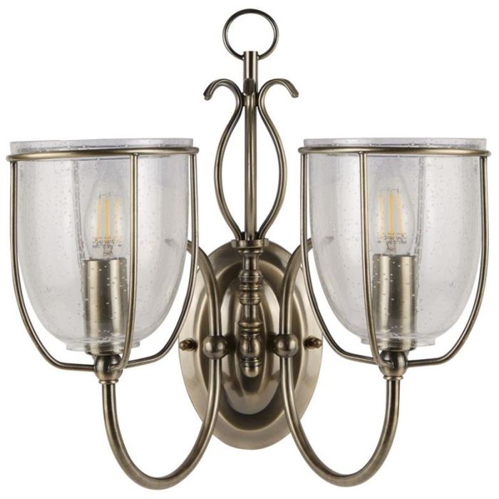 Searchlight Silhouette 6352-2AB klassiek bronzen wandlamp met trekschakelaar en twee armen met gespikkeld komvormige glazen kappen