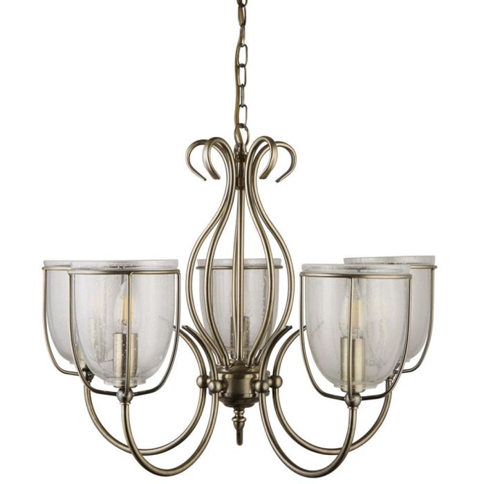 Searchlight Silhouette 6355-5AB klassiek bronzen kroonluchter met vijf armen met komvormige gespikkeld glazen kappen