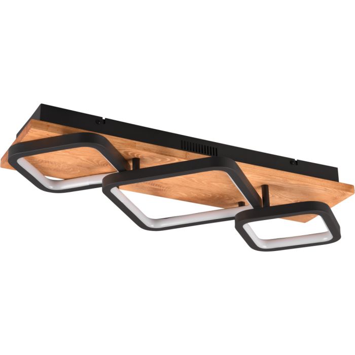 Trio Rama 643210332 zwarte plafondlamp met houten plank en drie vierkante LED balken