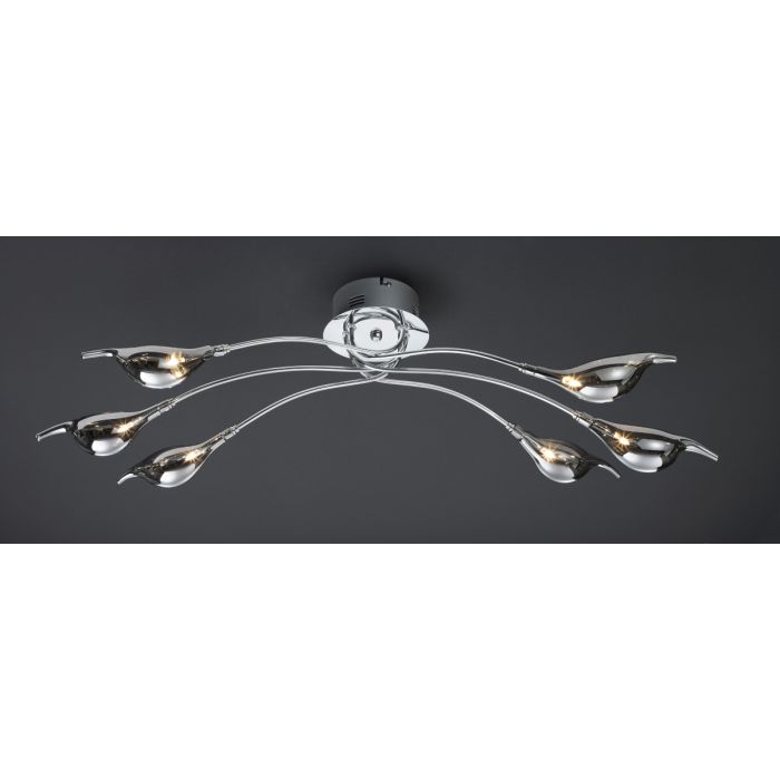 Trio 645810606 plafondlamp van chroom met zes armen en rookglazen druppelvormige kapjes