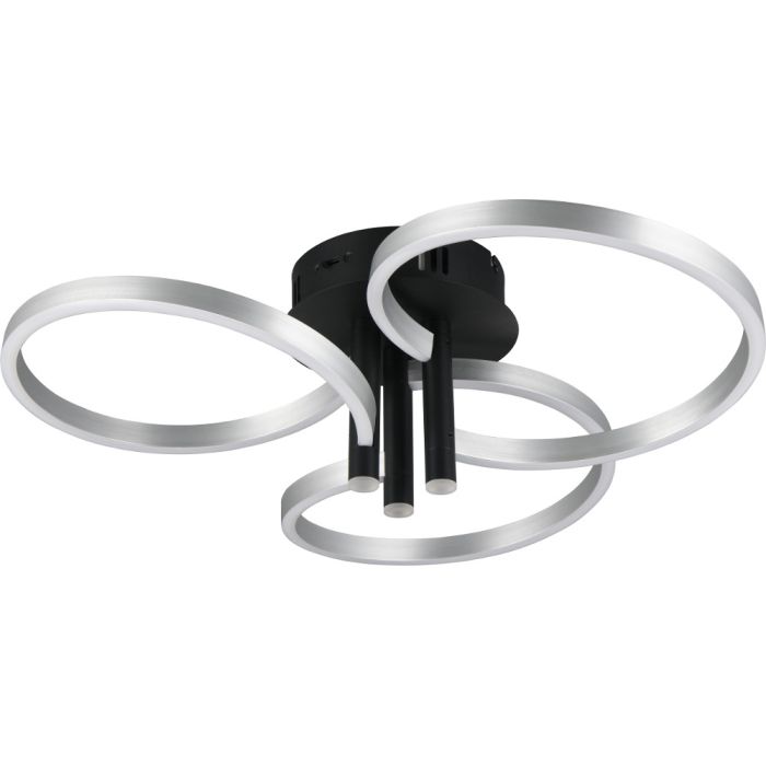 Trio Caruso 648110605 zwarte plafondlamp met drie spotjes naar beneden en drie aluminium kleurige LED cirkels