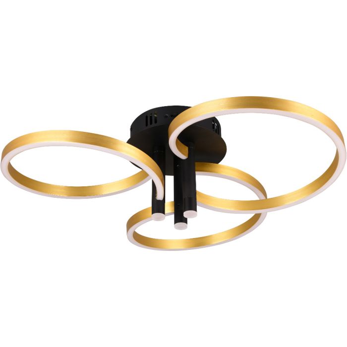 Trio Caruso 648110680 zwarte plafondlamp met drie spotjes naar beneden en drie goud kleurige LED cirkels