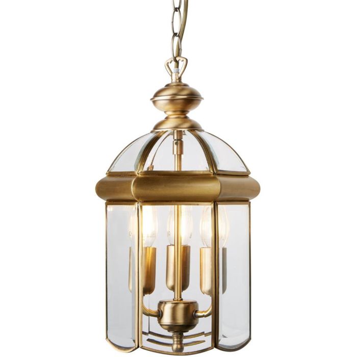 Searchlight Dome antiek bronzen lantaarn met een diameter vn 22cm hangend aan een ketting met 12 afgeschuind glazen ruitjes en drie kaarslampen
