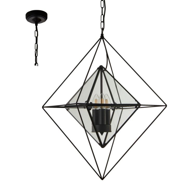 Searchlight Diamond zwarte hanglamp van 57cm met diagonaal vierkant van zwart metaaldraad en diagonaal vierkant van helder glas in het midden waar drie kaarslampen in zitten