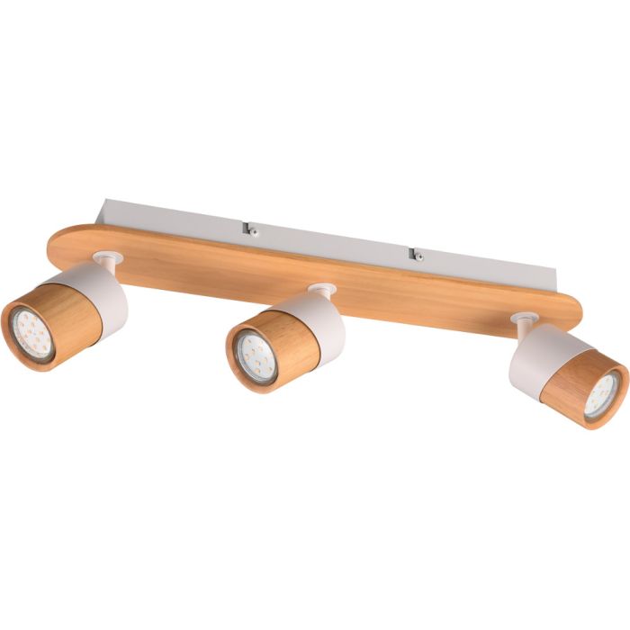 Trio Aruni 801100331 spot met houten plankje op de plafondplaat en drie spotjes van wit metaal met houten voorzijde