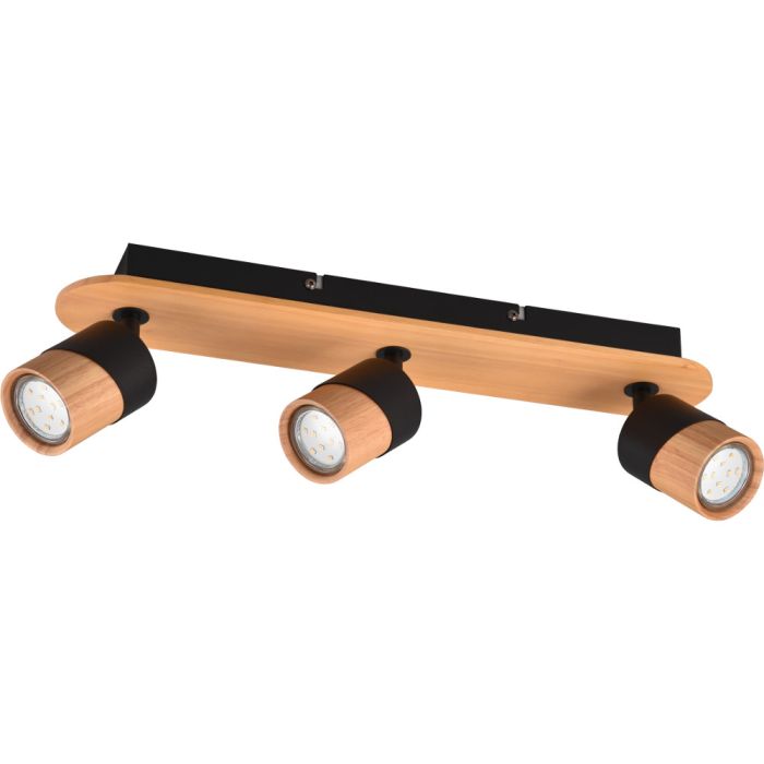 Trio Aruni 801100332 spot met houten plankje op de plafondplaat en drie spotjes van zwart metaal met houten voorzijde