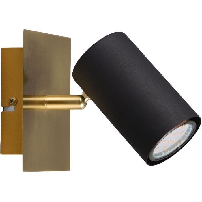 Trio Marley 802400180 wandspotje met goudkleurig vierkante wandplaat en zwart cilindervormig spotje met GU10 lamp